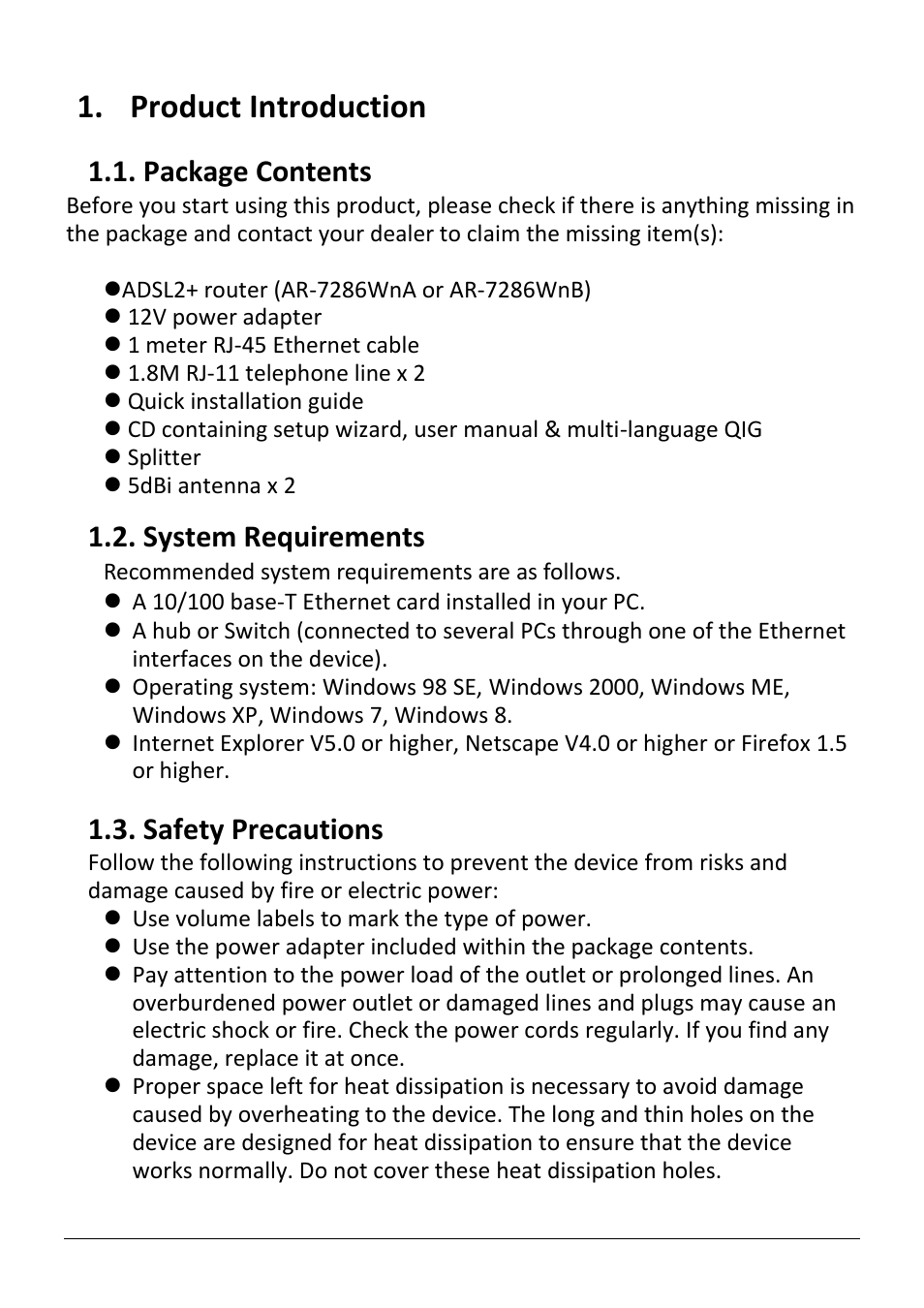 Product introduction, Ackage, Ontents | Ystem, Equirements, Afety, Recautions, Package contents, System requirements, Safety precautions | Edimax Technology AR-7286WnB User Manual | Page 5 / 92