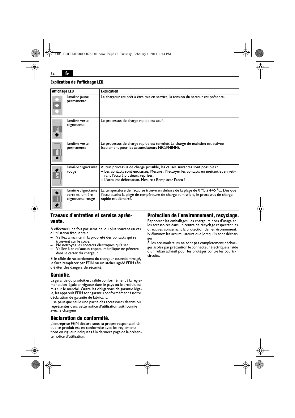 Travaux d’entretien et service après- vente, Garantie, Déclaration de conformité | Protection de l’environnement, recyclage | Fein ASCD 18 W4C аккумулятор User Manual | Page 12 / 105
