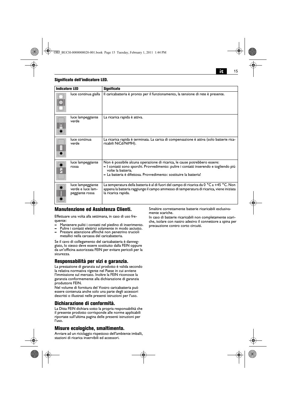 Manutenzione ed assistenza clienti, Responsabilità per vizi e garanzia, Dichiarazione di conformità | Misure ecologiche, smaltimento | Fein ASCD 18 W4C аккумулятор User Manual | Page 15 / 105