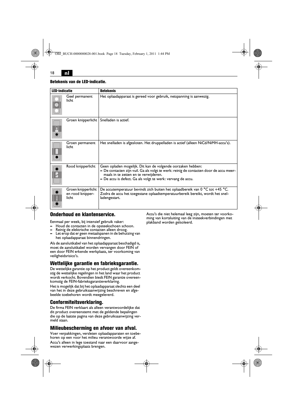 Onderhoud en klantenservice, Wettelijke garantie en fabrieksgarantie, Conformiteitsverklaring | Milieubescherming en afvoer van afval | Fein ASCD 18 W4C аккумулятор User Manual | Page 18 / 105