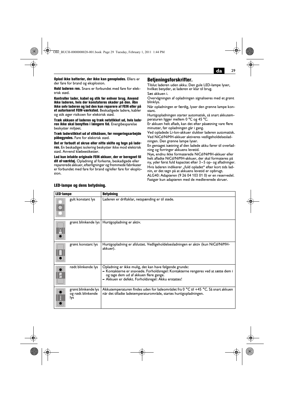 Betjeningsforskrifter | Fein ASCD 18 W4C аккумулятор User Manual | Page 29 / 105