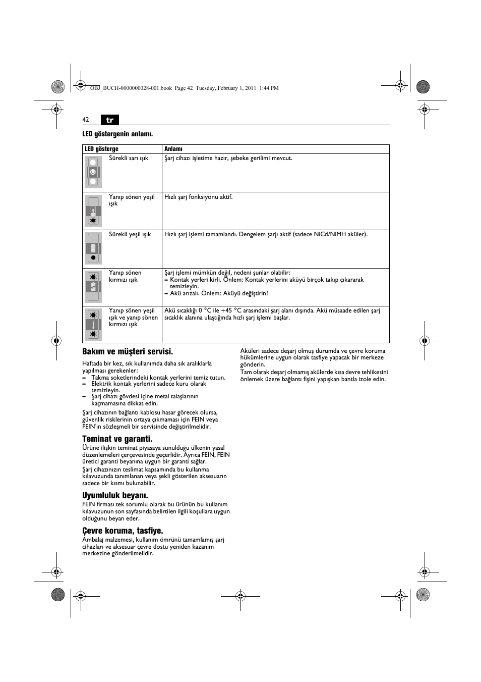 Bakım ve müşteri servisi, Teminat ve garanti, Uyumluluk beyanı | Çevre koruma, tasfiye | Fein ASCD 18 W4C аккумулятор User Manual | Page 42 / 105