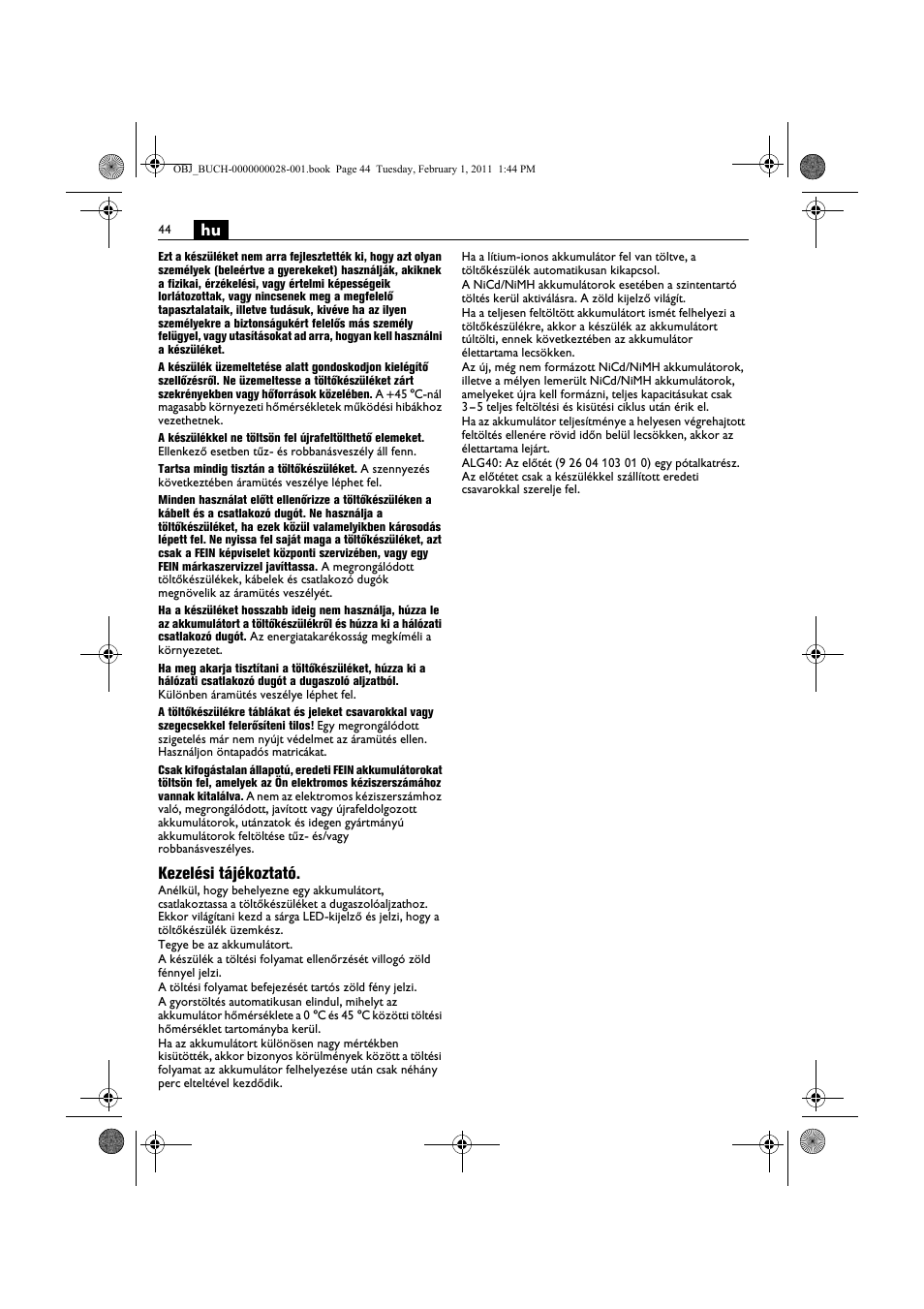 Kezelési tájékoztató | Fein ASCD 18 W4C аккумулятор User Manual | Page 44 / 105