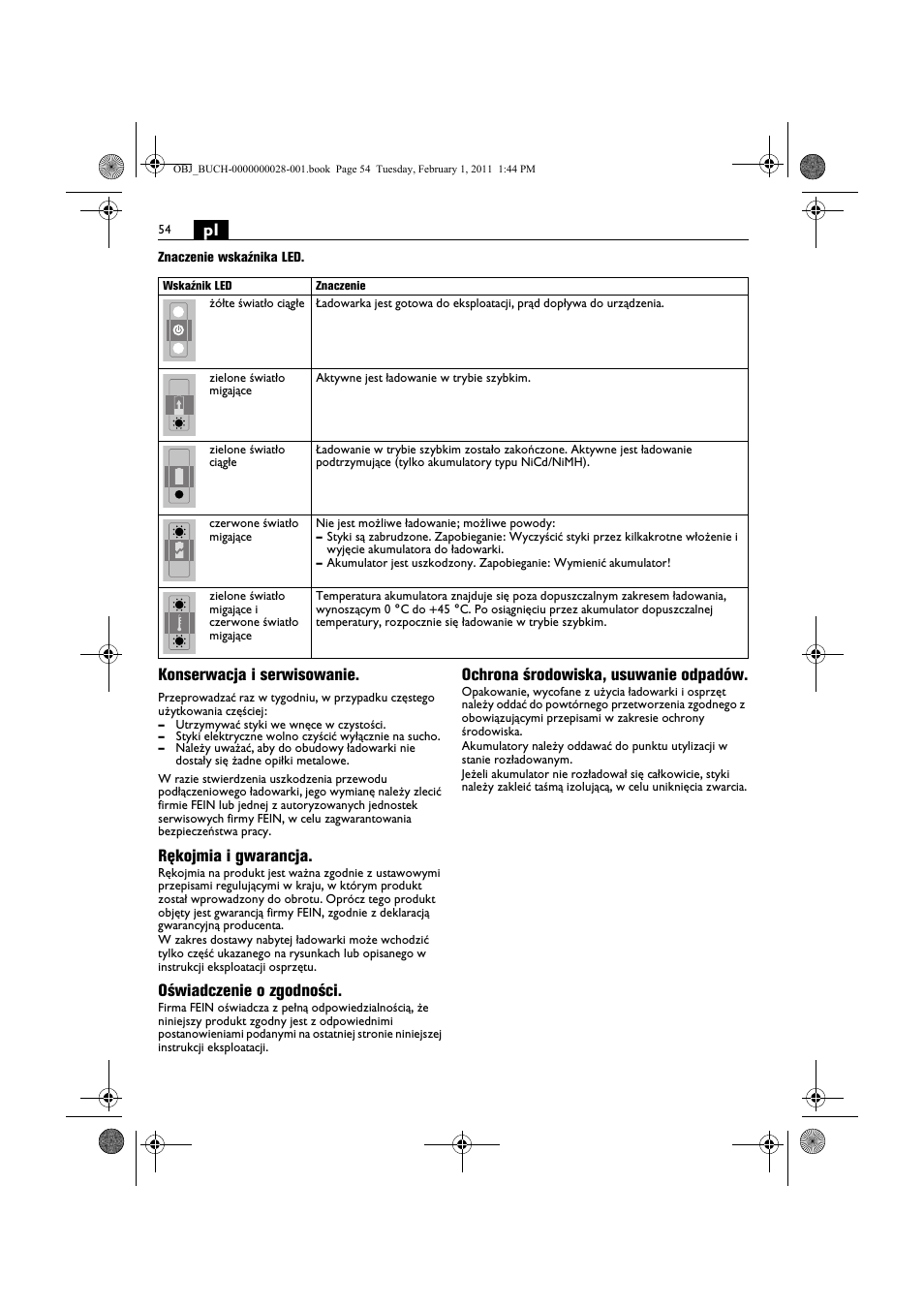 Konserwacja i serwisowanie, Rękojmia i gwarancja, Oświadczenie o zgodności | Ochrona środowiska, usuwanie odpadów | Fein ASCD 18 W4C аккумулятор User Manual | Page 54 / 105