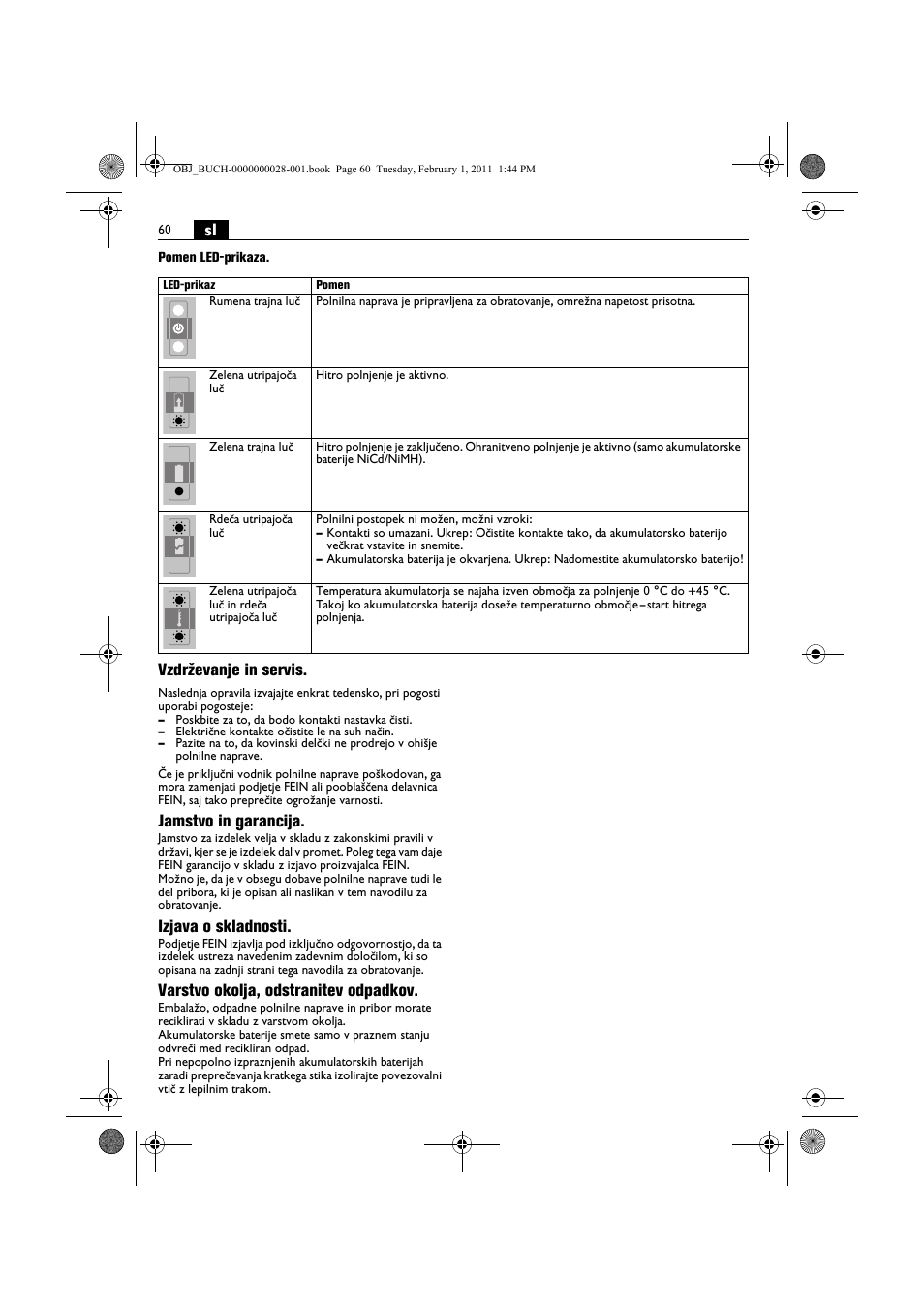 Vzdrževanje in servis, Jamstvo in garancija, Izjava o skladnosti | Varstvo okolja, odstranitev odpadkov | Fein ASCD 18 W4C аккумулятор User Manual | Page 60 / 105