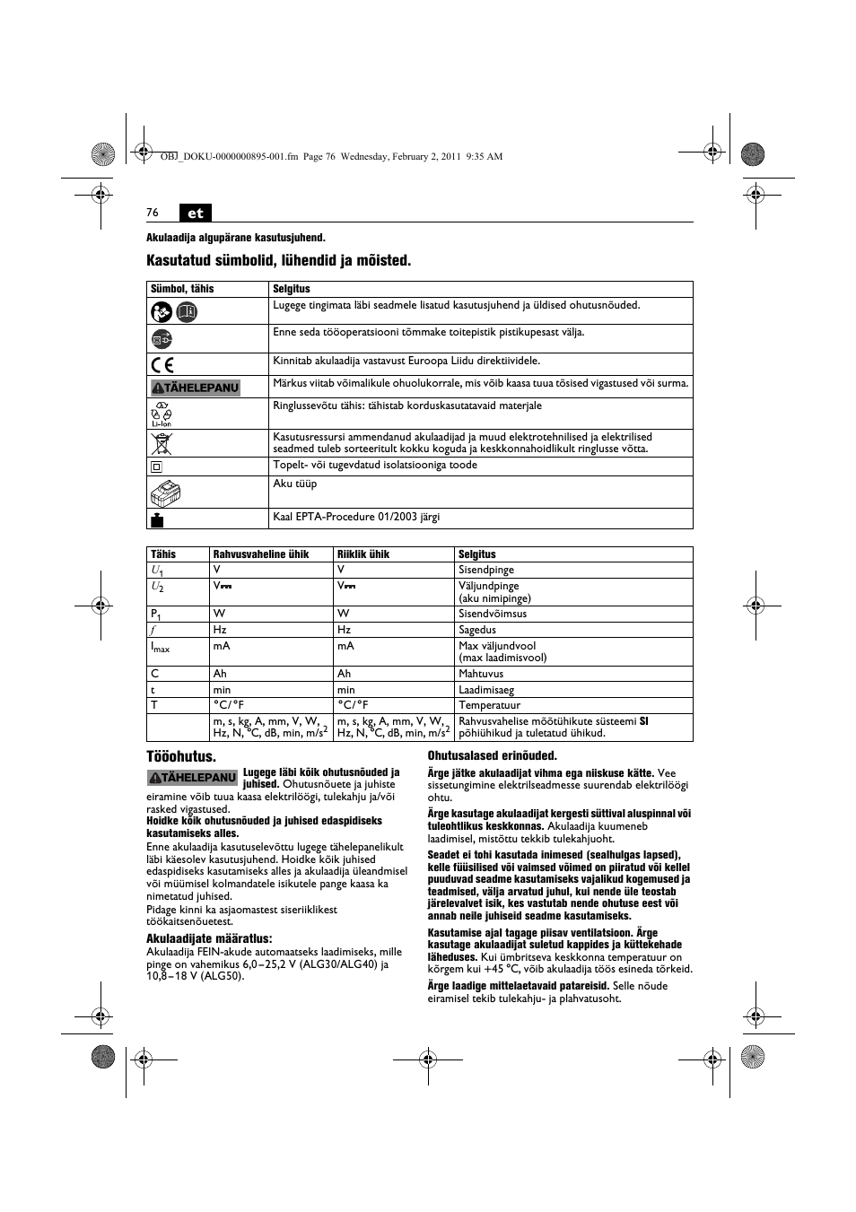 Kasutatud sümbolid, lühendid ja mõisted. tööohutus | Fein ASCD 18 W4C аккумулятор User Manual | Page 76 / 105