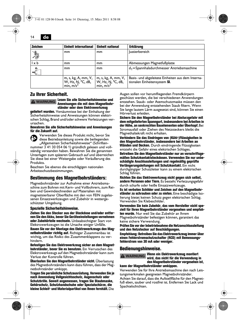 De zu ihrer sicherheit, Bestimmung des magnetbohrständers, Bedienungshinweise | Fein MBS32F User Manual | Page 14 / 66