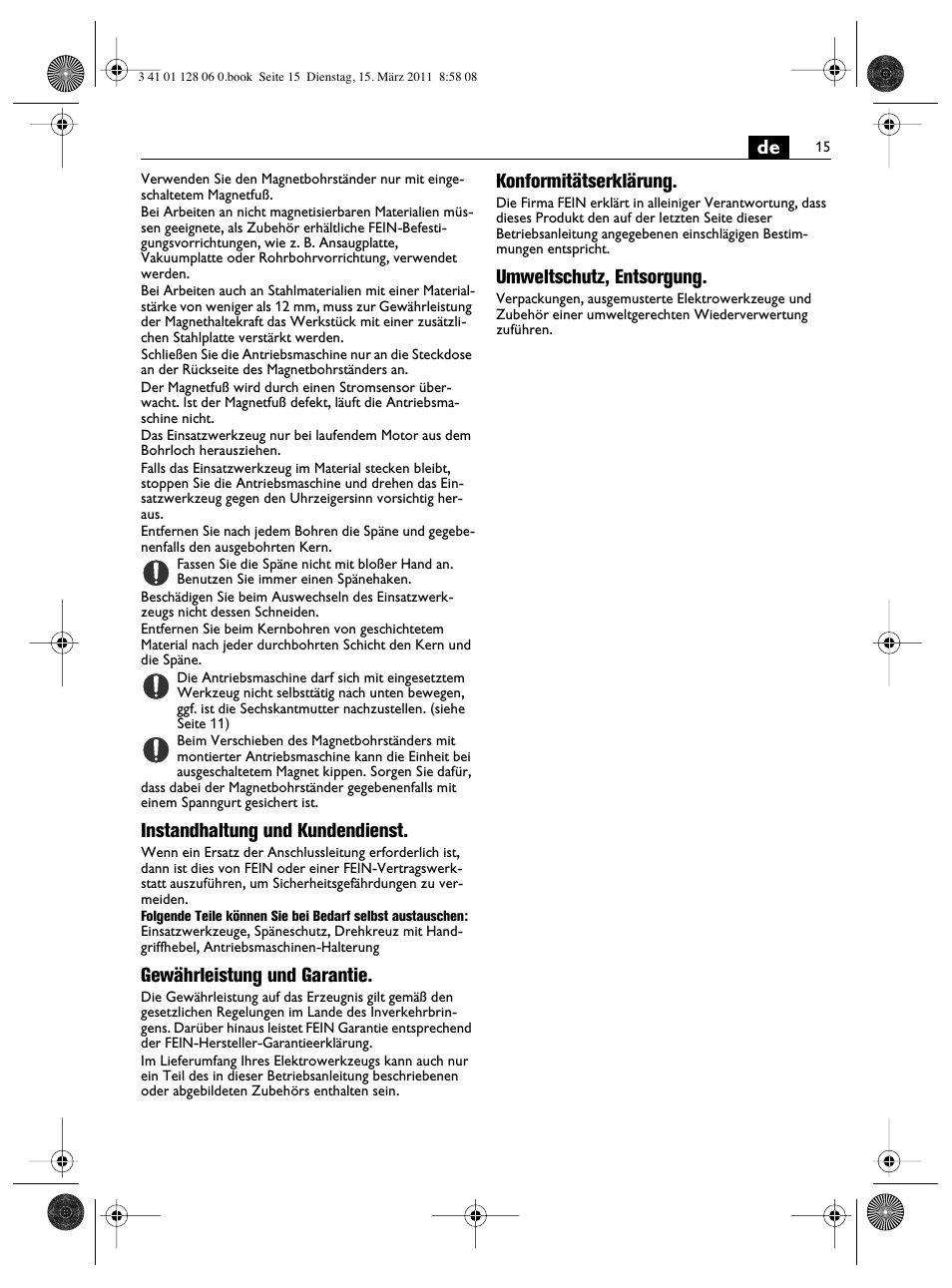 Instandhaltung und kundendienst, Gewährleistung und garantie, Konformitätserklärung | Umweltschutz, entsorgung | Fein MBS32F User Manual | Page 15 / 66