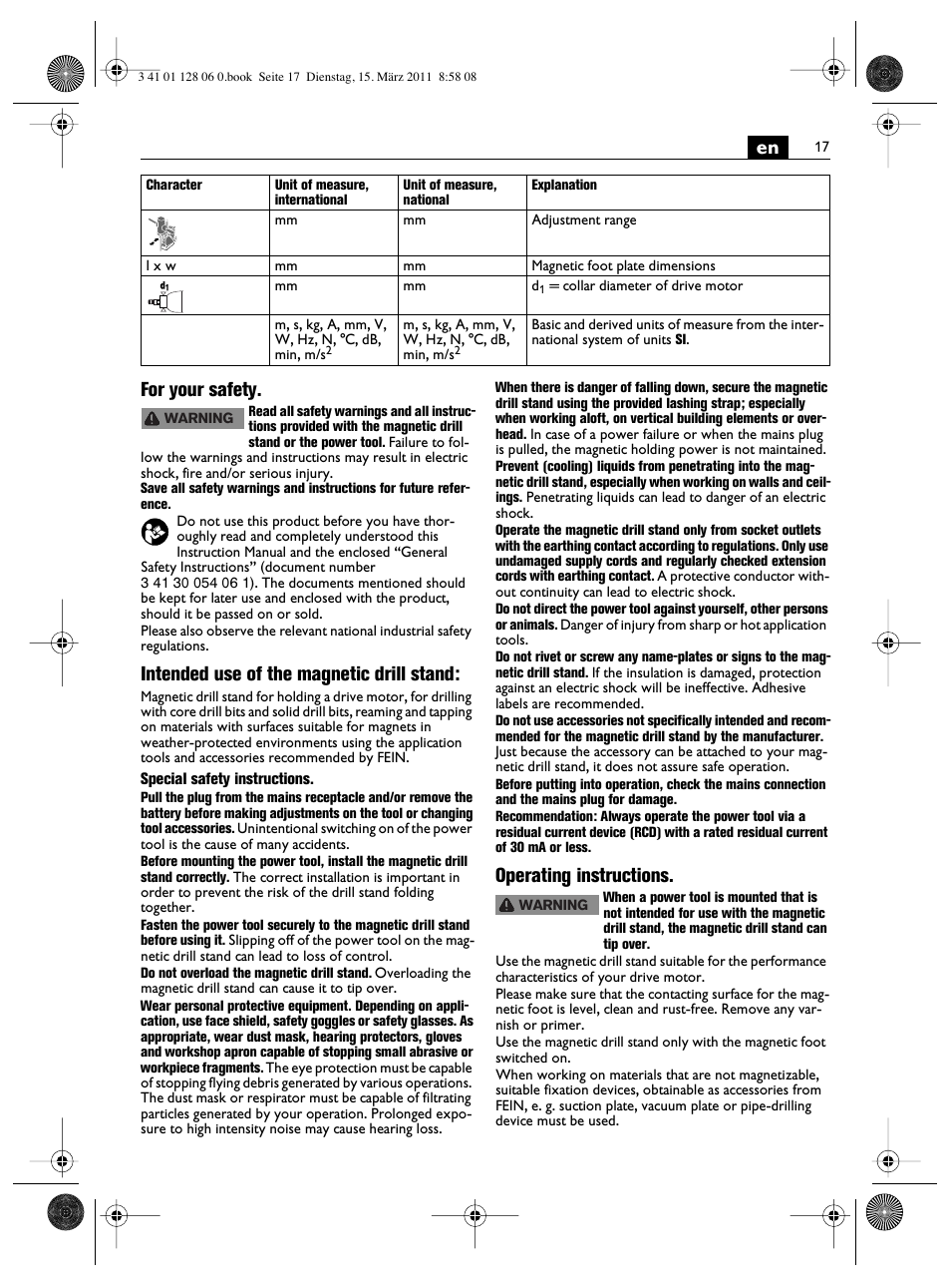 En for your safety, Intended use of the magnetic drill stand, Operating instructions | Fein MBS32F User Manual | Page 17 / 66