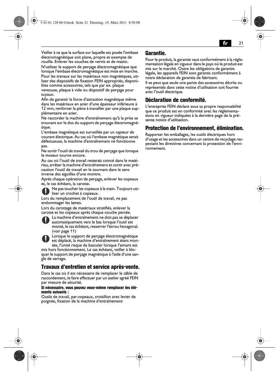 Travaux d’entretien et service après-vente, Garantie, Déclaration de conformité | Protection de l’environnement, élimination | Fein MBS32F User Manual | Page 21 / 66