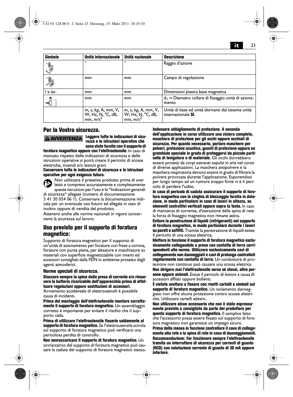 It per la vostra sicurezza, Uso previsto per il supporto di foratura magnetico | Fein MBS32F User Manual | Page 23 / 66