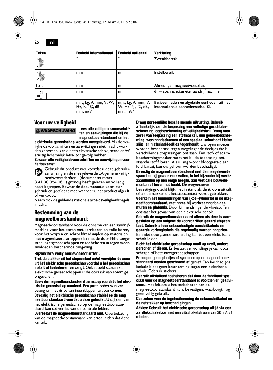 Nl voor uw veiligheid, Bestemming van de magneetboorstandaard | Fein MBS32F User Manual | Page 26 / 66