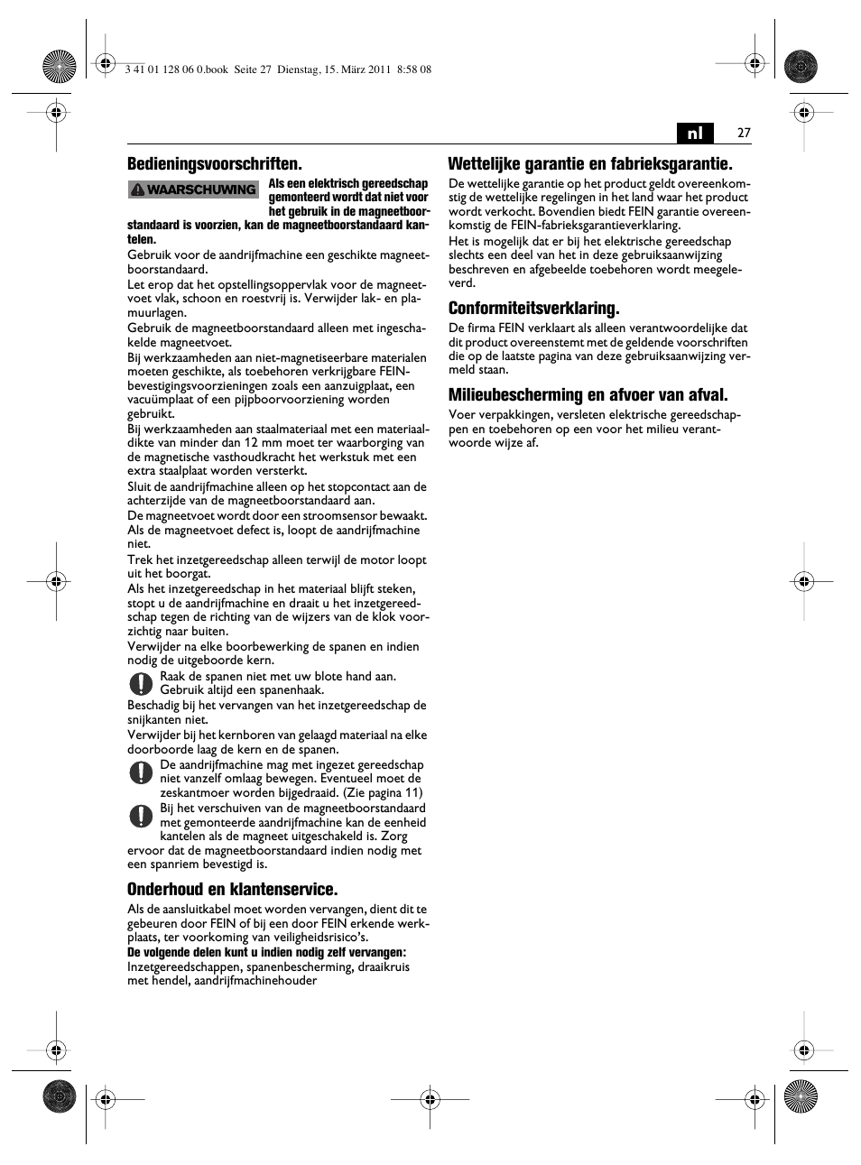Nl bedieningsvoorschriften, Onderhoud en klantenservice, Wettelijke garantie en fabrieksgarantie | Conformiteitsverklaring, Milieubescherming en afvoer van afval | Fein MBS32F User Manual | Page 27 / 66
