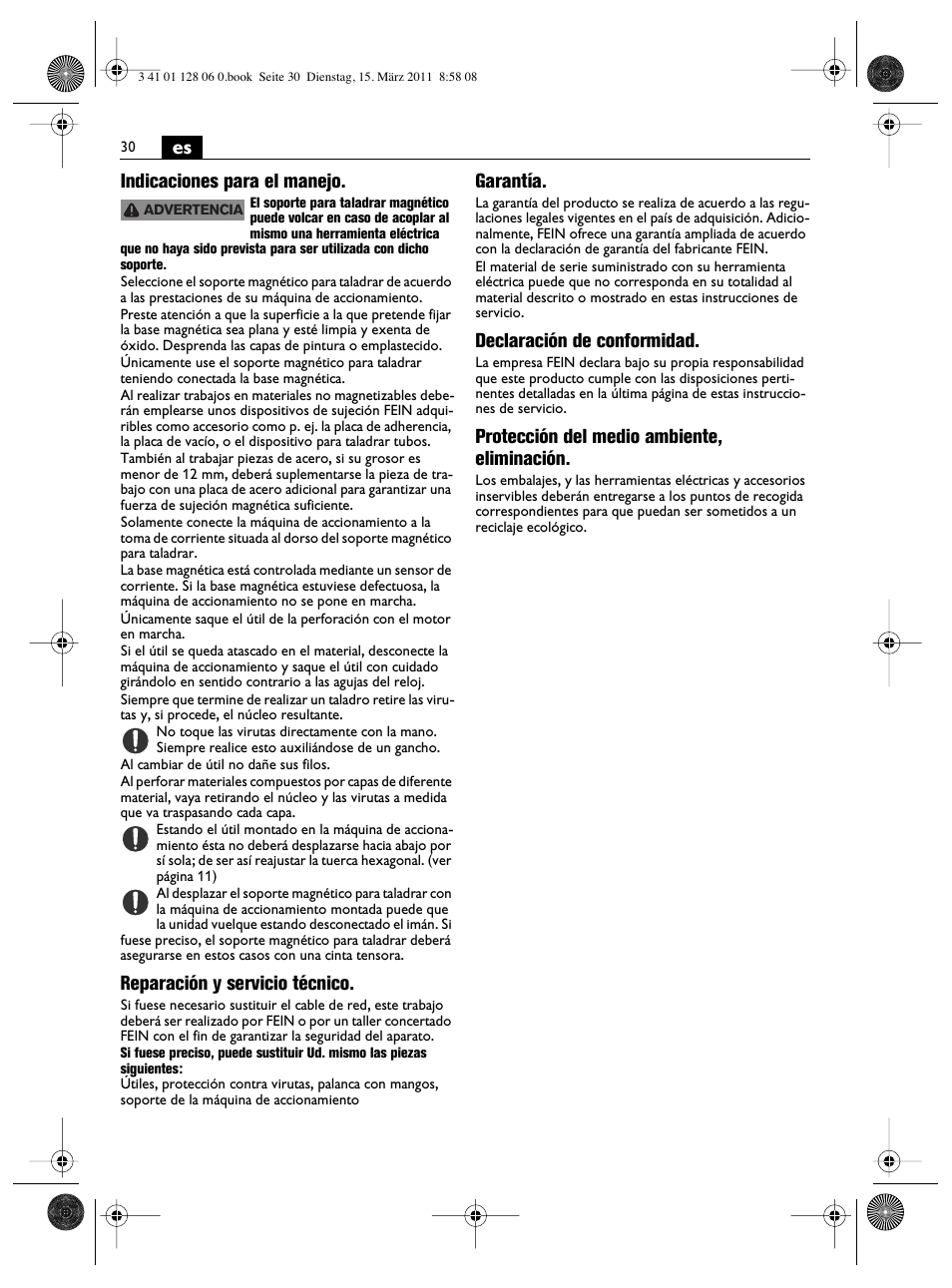 Es indicaciones para el manejo, Reparación y servicio técnico, Garantía | Declaración de conformidad, Protección del medio ambiente, eliminación | Fein MBS32F User Manual | Page 30 / 66