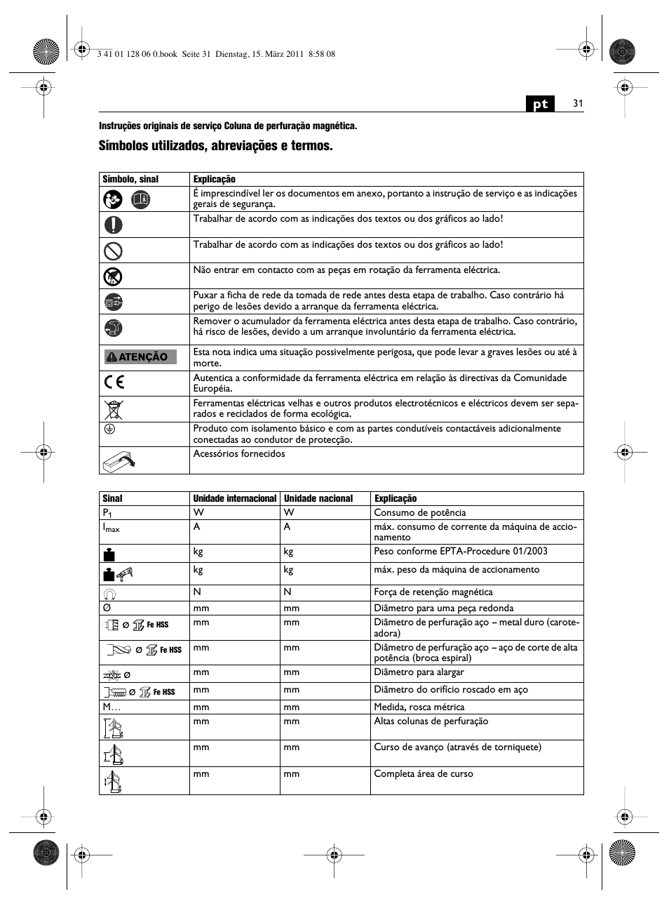 Símbolos utilizados, abreviações e termos | Fein MBS32F User Manual | Page 31 / 66