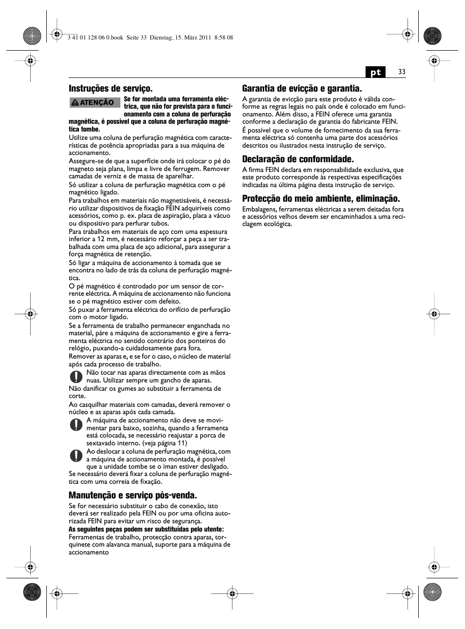 Pt instruções de serviço, Manutenção e serviço pós-venda, Garantia de evicção e garantia | Declaração de conformidade, Protecção do meio ambiente, eliminação | Fein MBS32F User Manual | Page 33 / 66