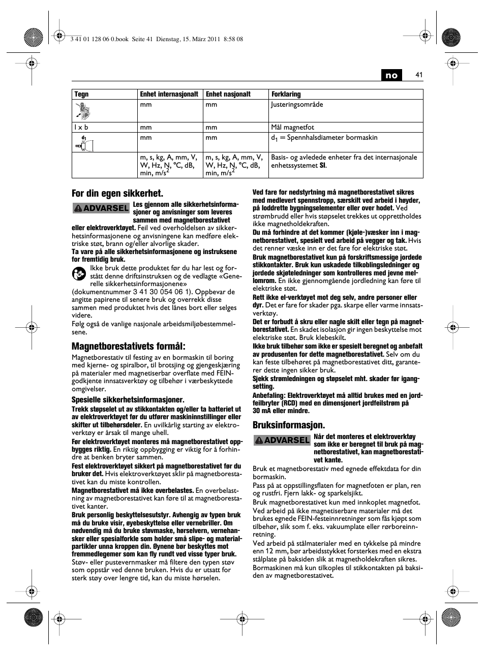 No for din egen sikkerhet, Magnetborestativets formål, Bruksinformasjon | Fein MBS32F User Manual | Page 41 / 66