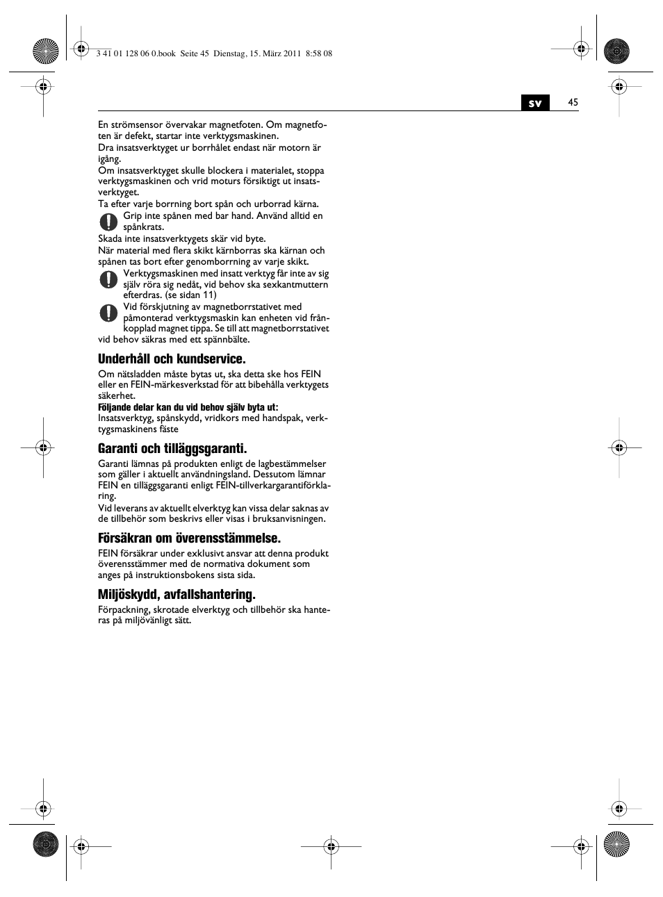Underhåll och kundservice, Garanti och tilläggsgaranti, Försäkran om överensstämmelse | Miljöskydd, avfallshantering | Fein MBS32F User Manual | Page 45 / 66