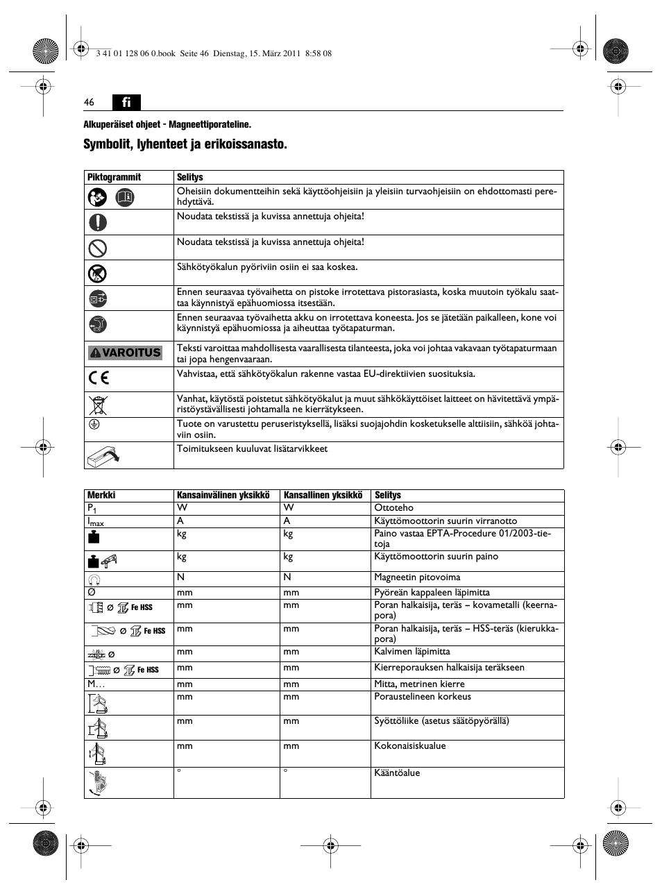 Symbolit, lyhenteet ja erikoissanasto | Fein MBS32F User Manual | Page 46 / 66
