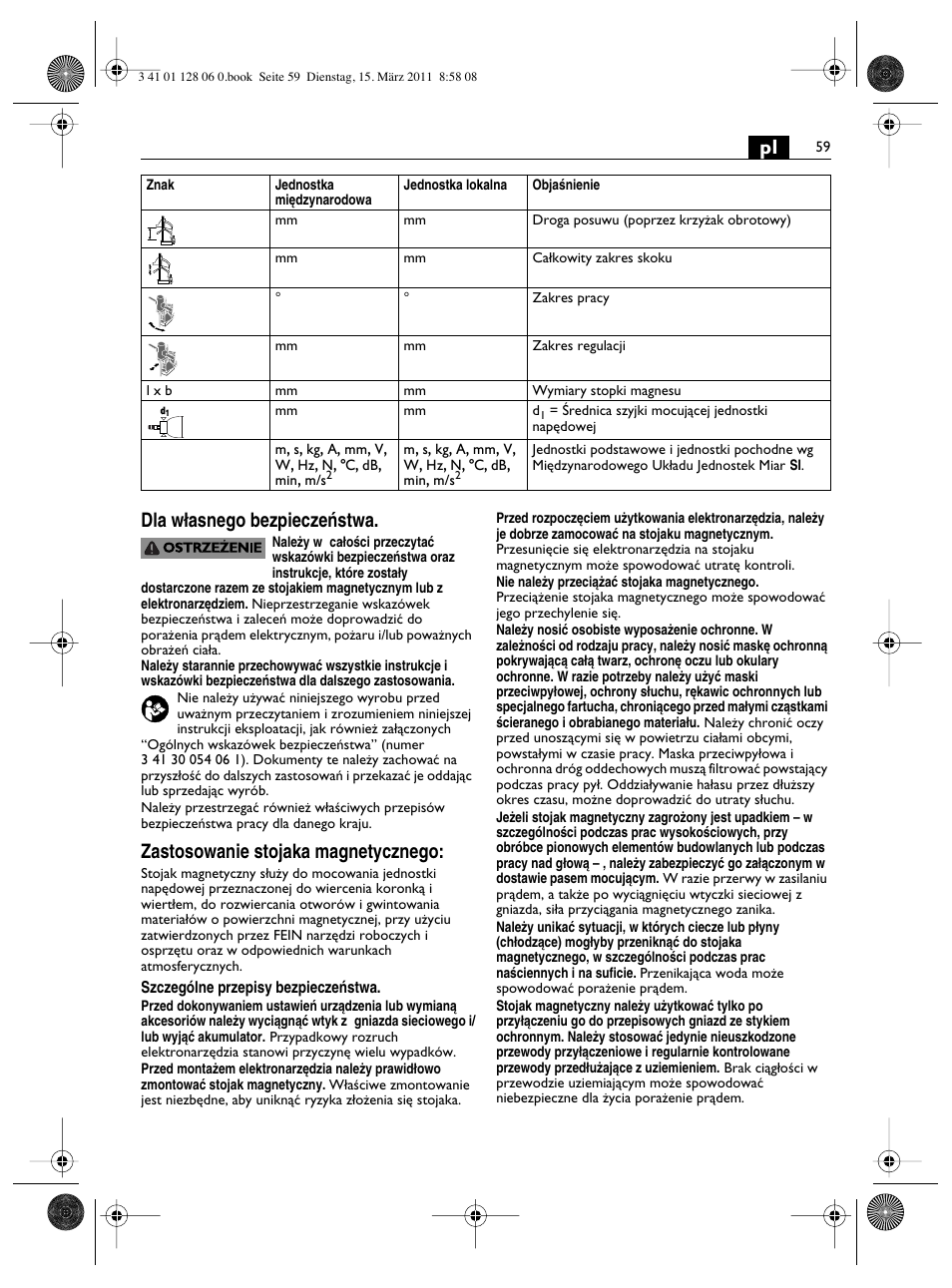 Pl dla w∏asnego bezpieczeƒstwa, Zastosowanie stojaka magnetycznego | Fein MBS32F User Manual | Page 59 / 66