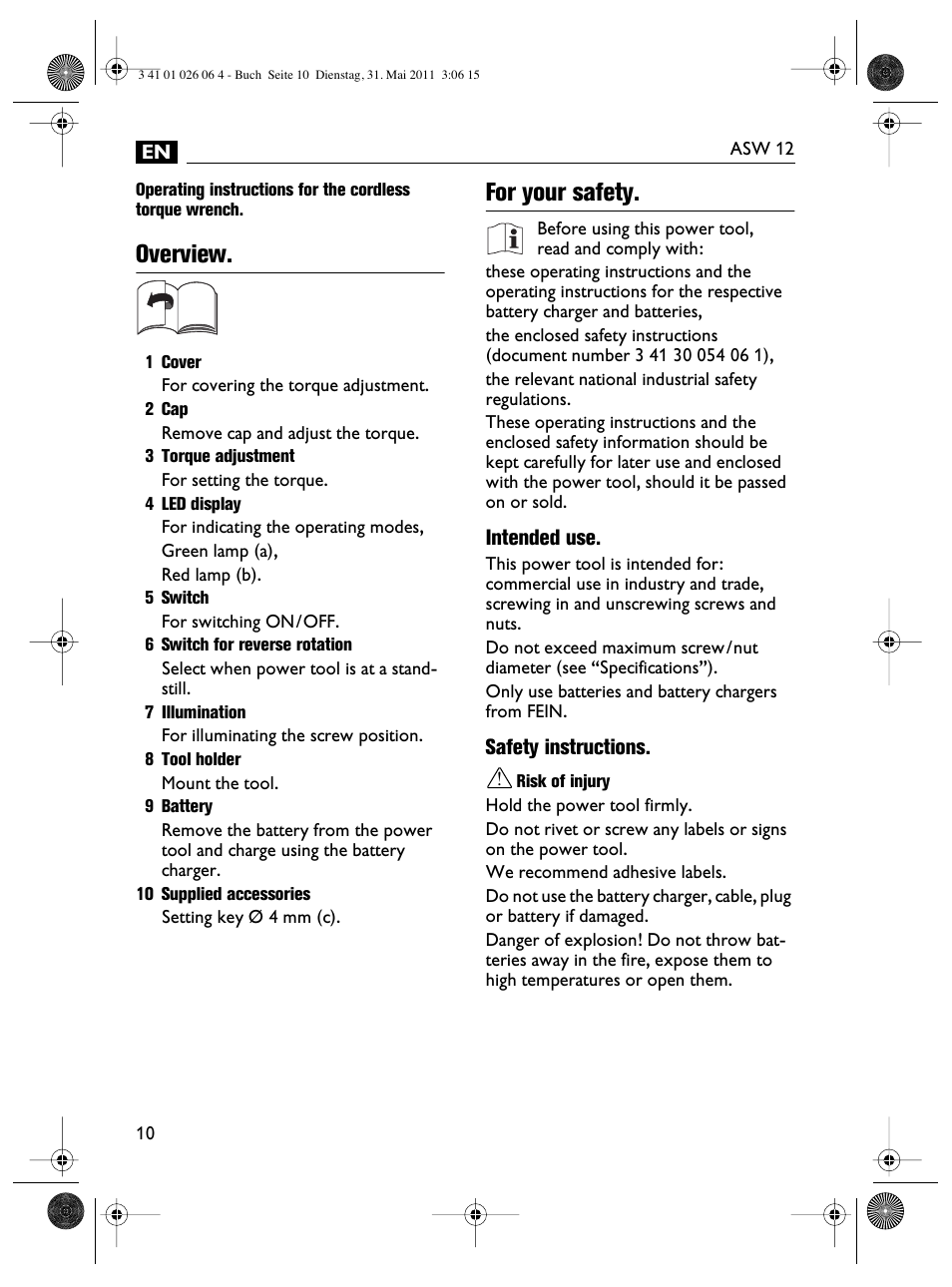 Overview, For your safety | Fein ASW12-16 User Manual | Page 10 / 94