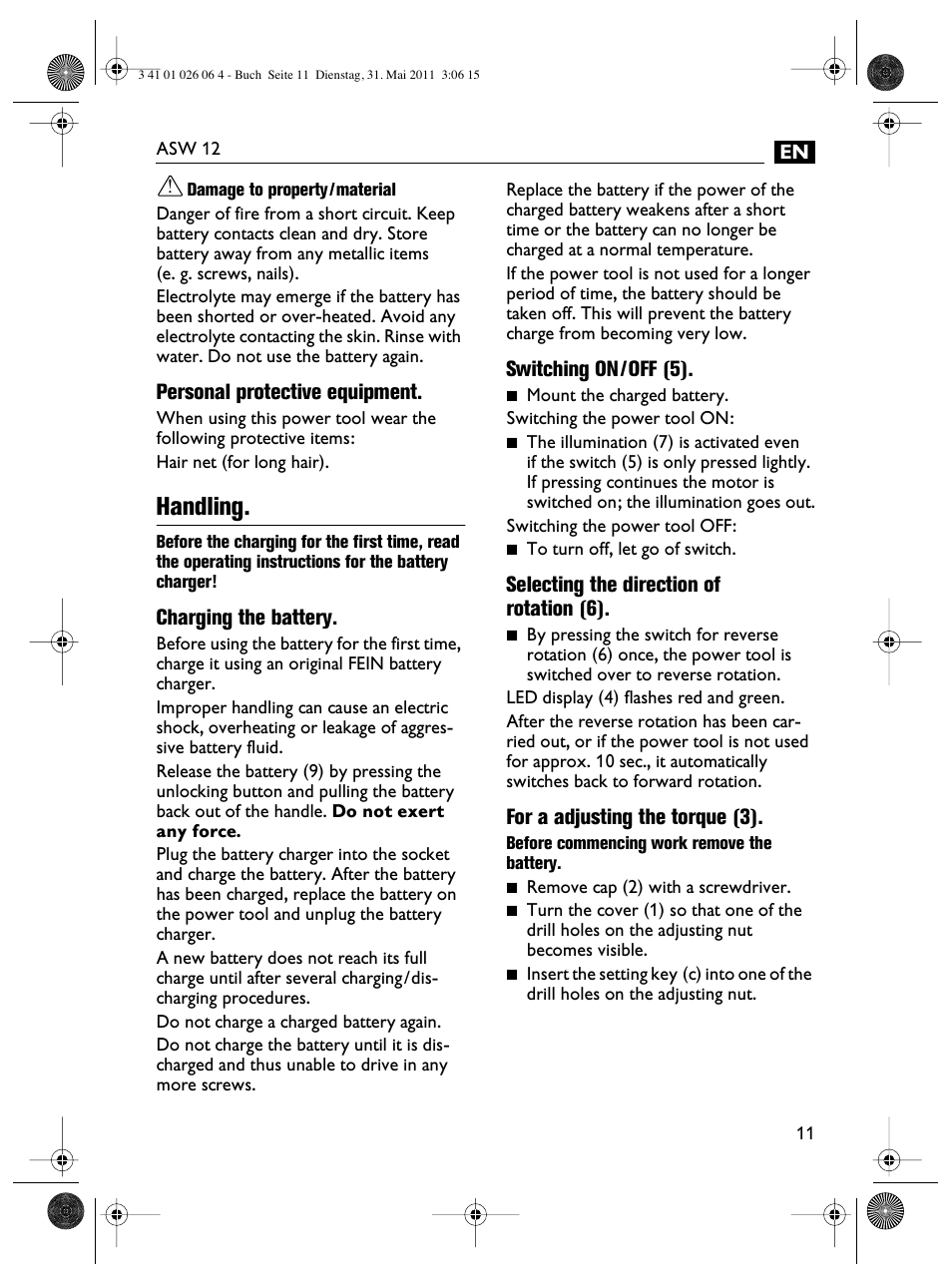 Handling | Fein ASW12-16 User Manual | Page 11 / 94