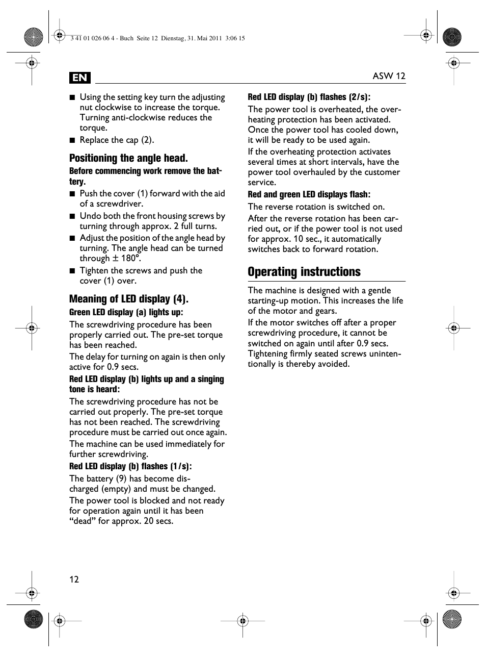 Operating instructions, Positioning the angle head, Meaning of led display (4) | Fein ASW12-16 User Manual | Page 12 / 94
