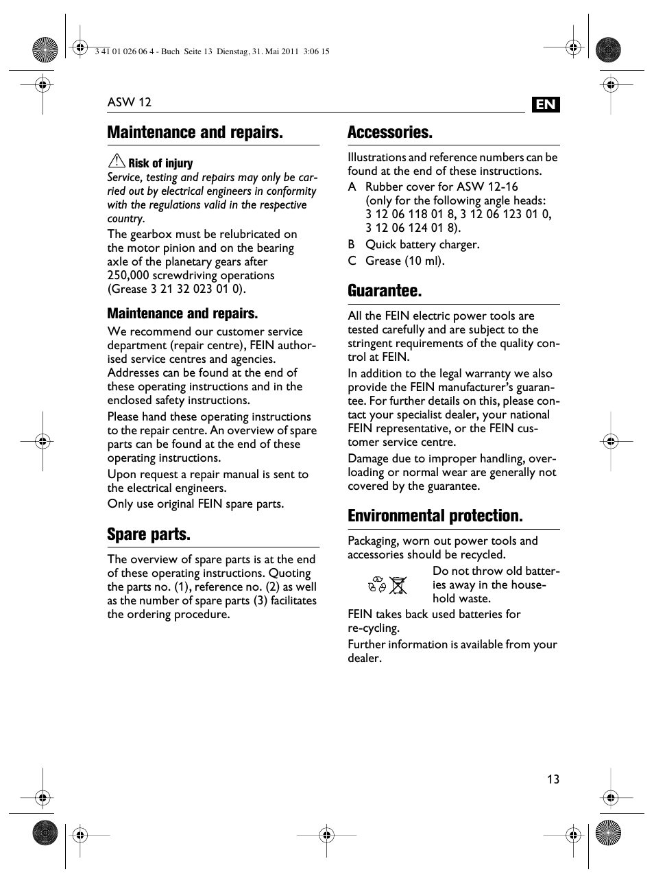 Maintenance and repairs, Spare parts, Accessories | Guarantee, Environmental protection | Fein ASW12-16 User Manual | Page 13 / 94