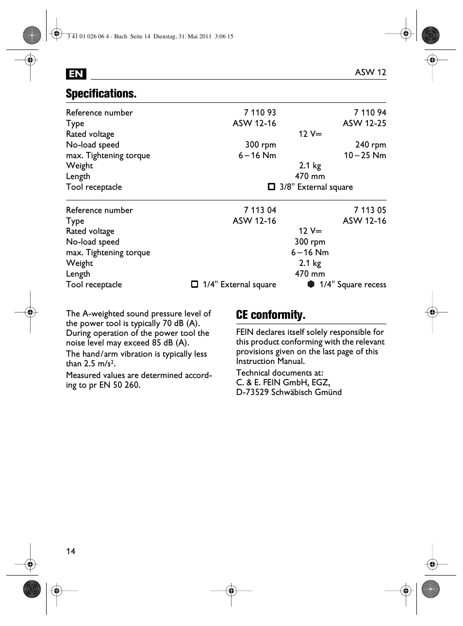 Specifications, Ce conformity | Fein ASW12-16 User Manual | Page 14 / 94