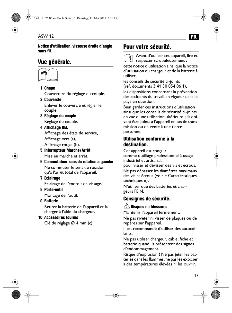 Vue générale, Pour votre sécurité | Fein ASW12-16 User Manual | Page 15 / 94