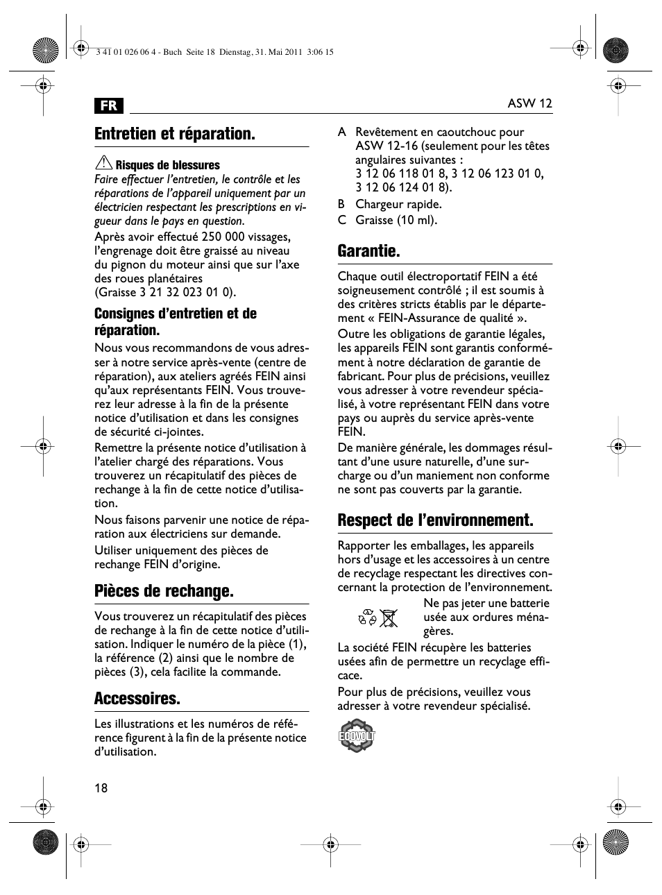 Entretien et réparation, Pièces de rechange, Accessoires | Garantie, Respect de l’environnement | Fein ASW12-16 User Manual | Page 18 / 94