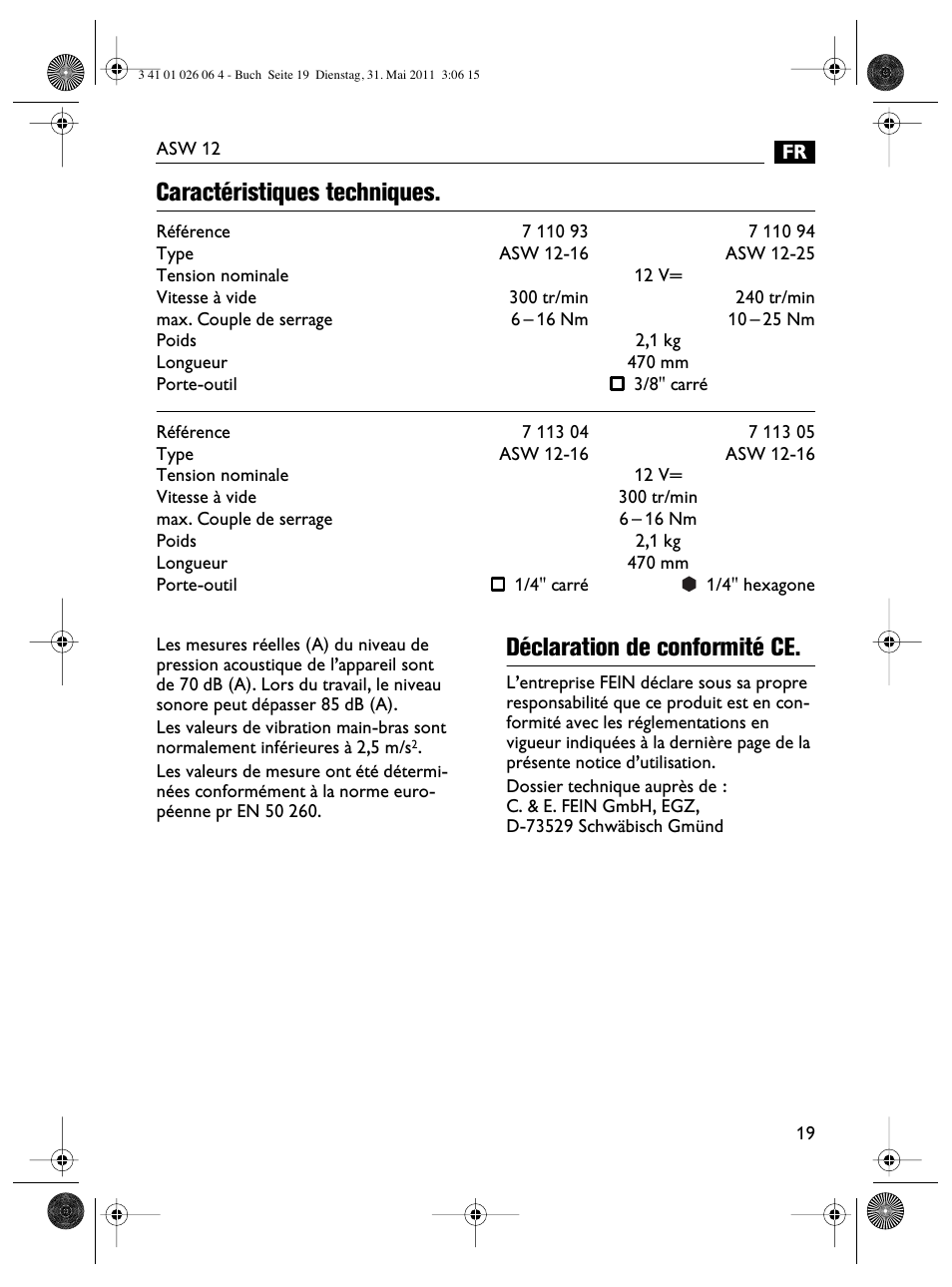 Caractéristiques techniques, Déclaration de conformité ce | Fein ASW12-16 User Manual | Page 19 / 94