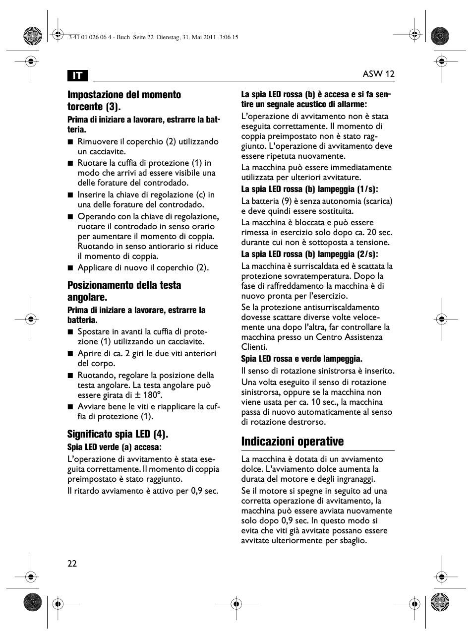 Indicazioni operative, Impostazione del momento torcente (3), Posizionamento della testa angolare | Significato spia led (4) | Fein ASW12-16 User Manual | Page 22 / 94