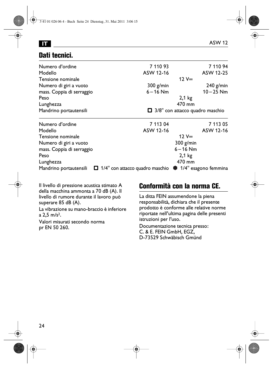 Dati tecnici, Conformità con la norma ce | Fein ASW12-16 User Manual | Page 24 / 94