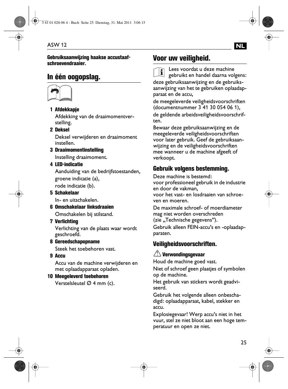 Voor uw veiligheid | Fein ASW12-16 User Manual | Page 25 / 94