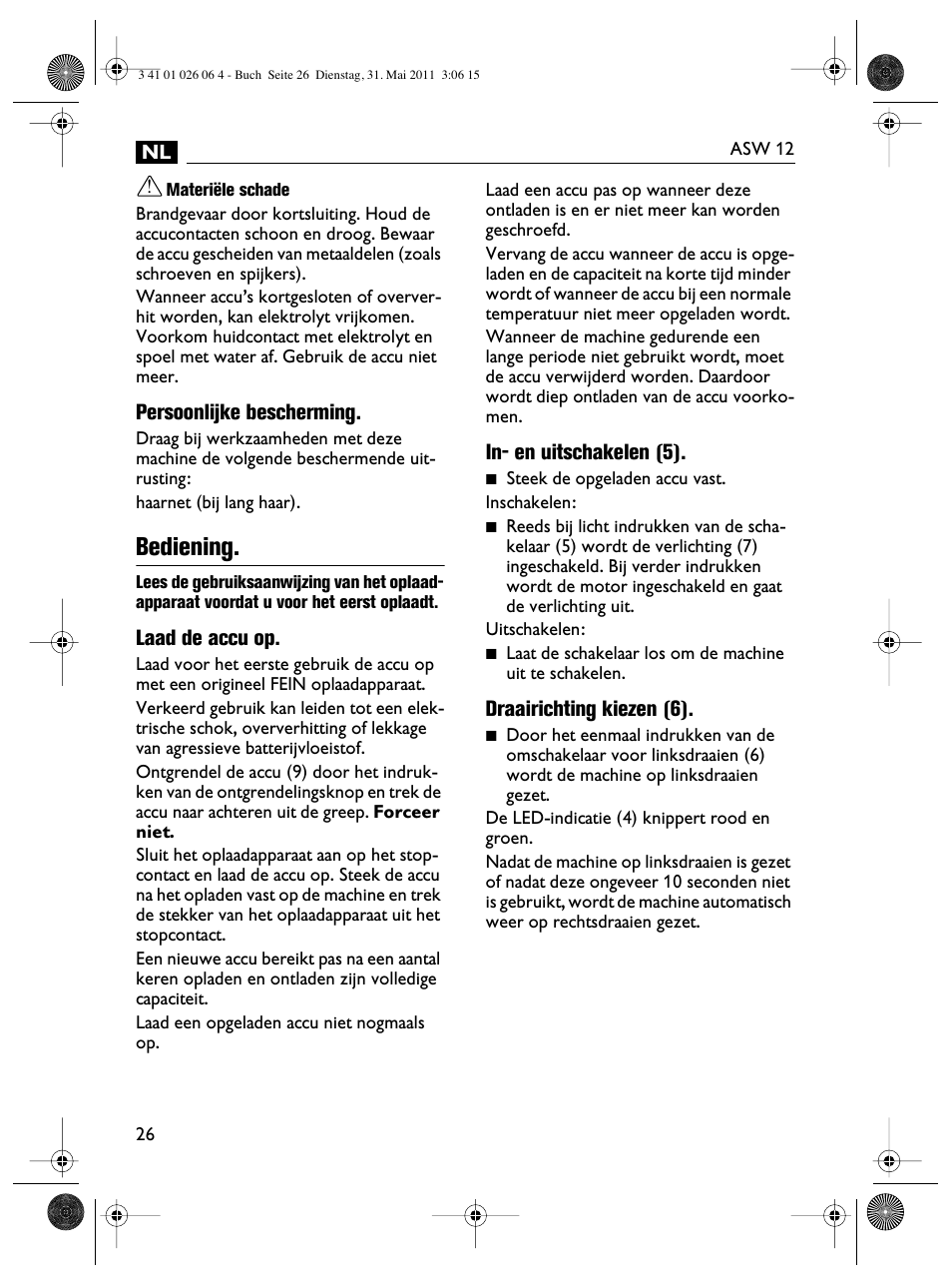 Bediening | Fein ASW12-16 User Manual | Page 26 / 94