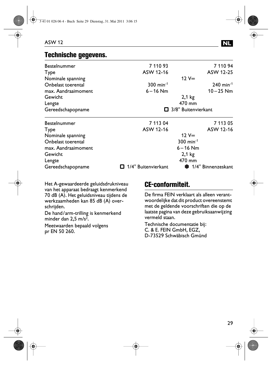 Technische gegevens, Ce-conformiteit | Fein ASW12-16 User Manual | Page 29 / 94