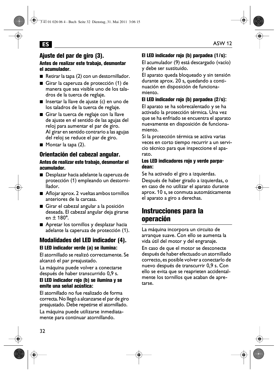 Instrucciones para la operación, Ajuste del par de giro (3), Orientación del cabezal angular | Modalidades del led indicador (4) | Fein ASW12-16 User Manual | Page 32 / 94