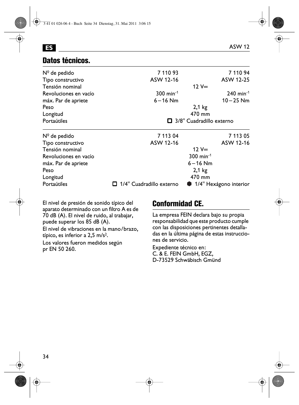 Datos técnicos, Conformidad ce | Fein ASW12-16 User Manual | Page 34 / 94