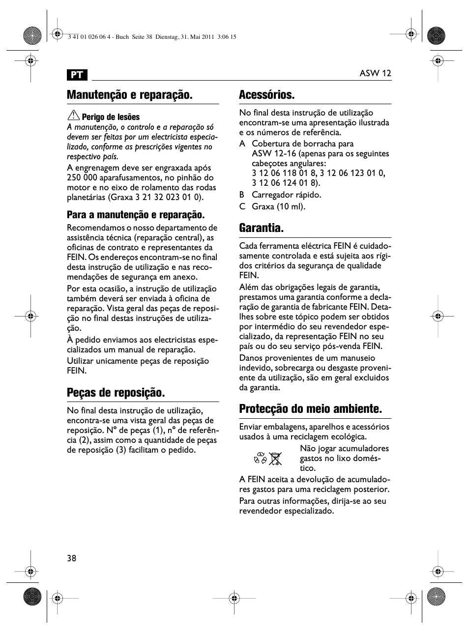 Manutenção e reparação, Peças de reposição, Acessórios | Garantia, Protecção do meio ambiente | Fein ASW12-16 User Manual | Page 38 / 94