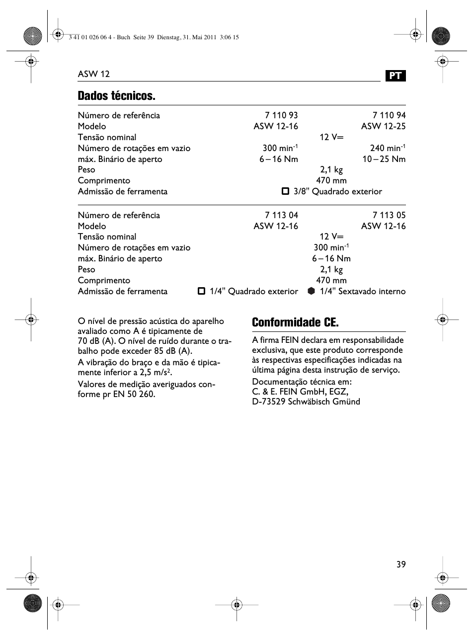Dados técnicos, Conformidade ce | Fein ASW12-16 User Manual | Page 39 / 94