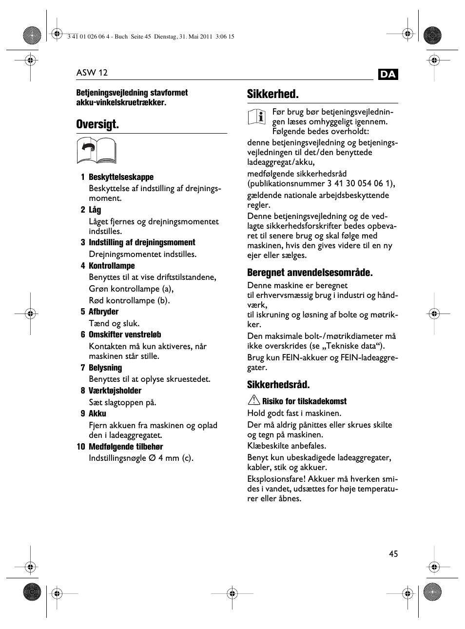 Oversigt, Sikkerhed | Fein ASW12-16 User Manual | Page 45 / 94