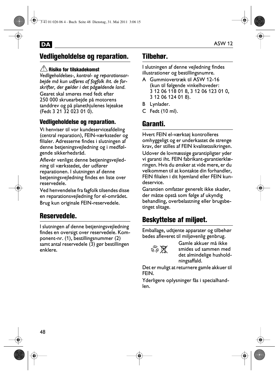 Vedligeholdelse og reparation, Reservedele, Tilbehør | Garanti, Beskyttelse af miljøet | Fein ASW12-16 User Manual | Page 48 / 94