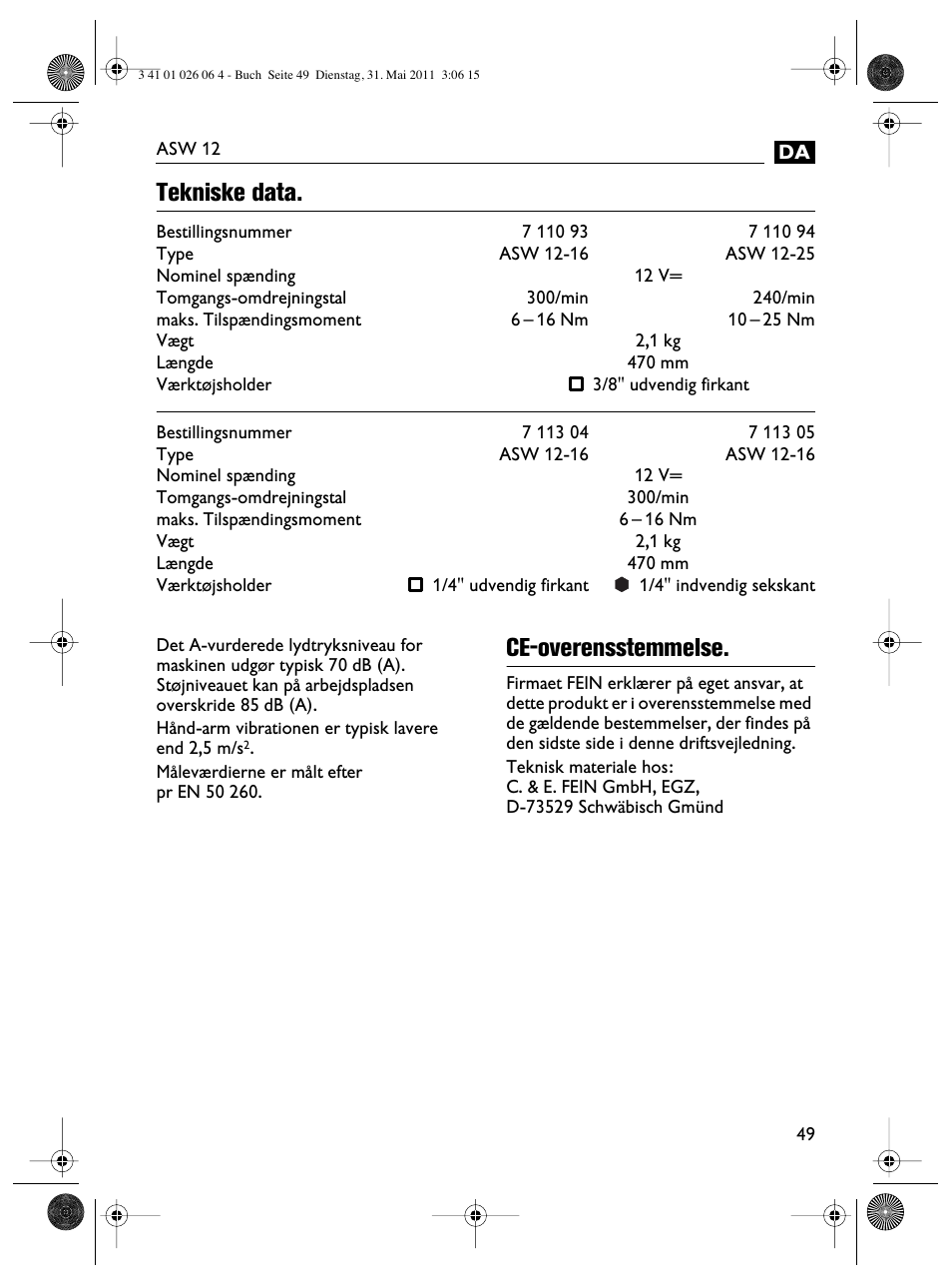 Tekniske data, Ce-overensstemmelse | Fein ASW12-16 User Manual | Page 49 / 94