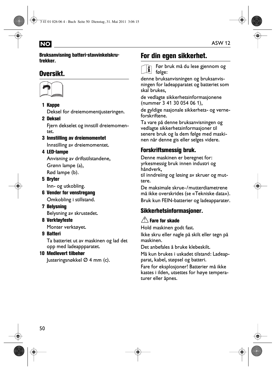 Oversikt, For din egen sikkerhet | Fein ASW12-16 User Manual | Page 50 / 94