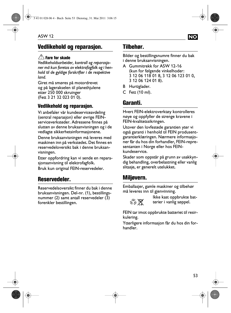 Vedlikehold og reparasjon, Reservedeler, Tilbehør | Garanti, Miljøvern | Fein ASW12-16 User Manual | Page 53 / 94