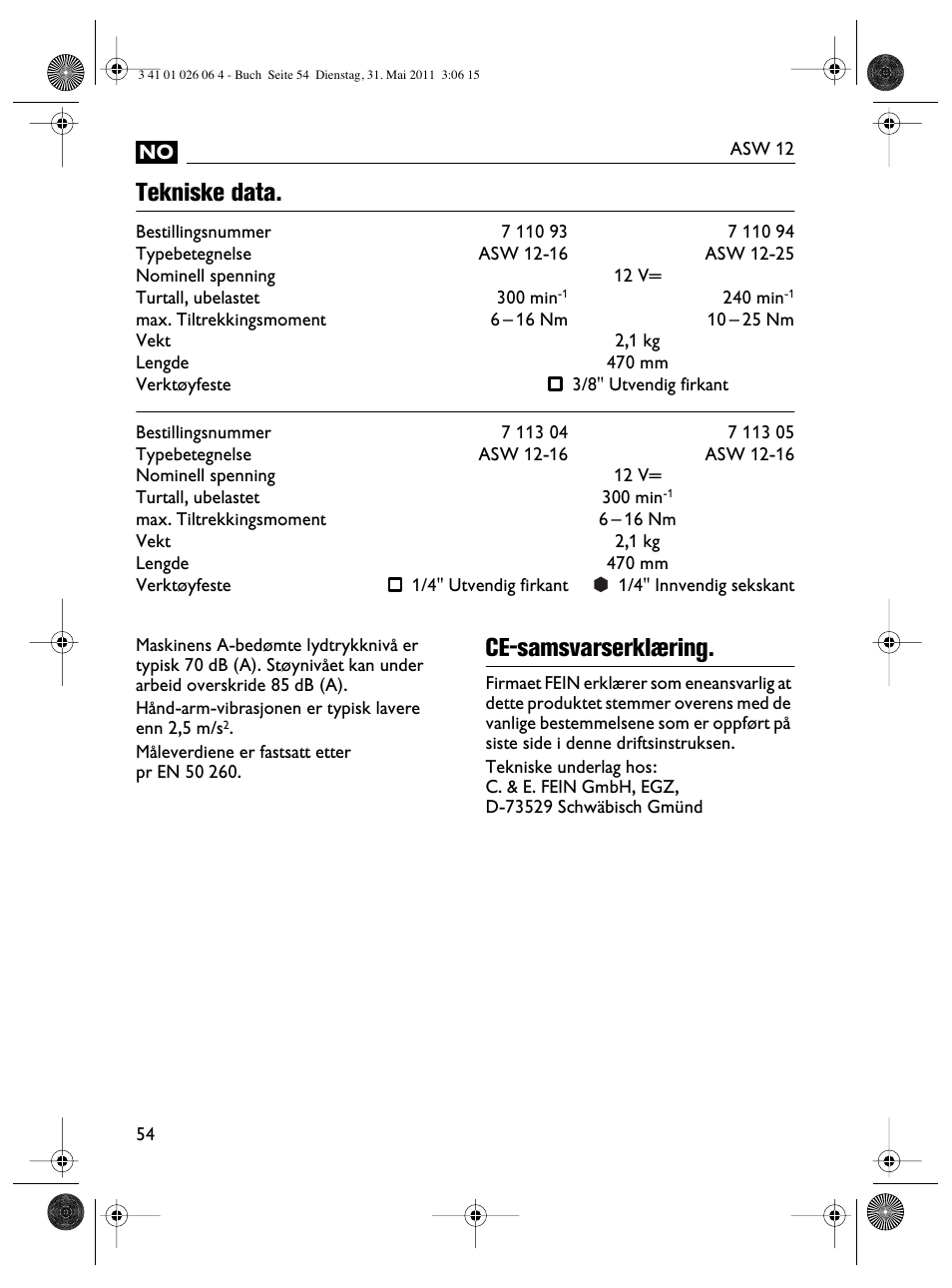 Tekniske data, Ce-samsvarserklæring | Fein ASW12-16 User Manual | Page 54 / 94
