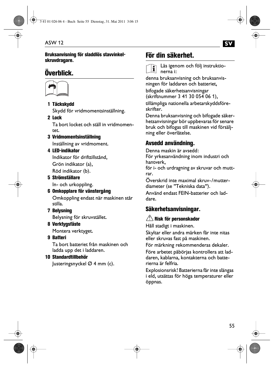 Överblick, För din säkerhet | Fein ASW12-16 User Manual | Page 55 / 94