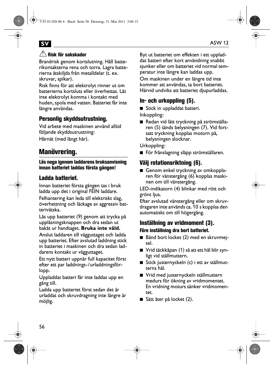 Manövrering | Fein ASW12-16 User Manual | Page 56 / 94