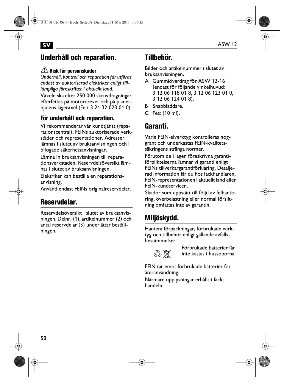 Underhåll och reparation, Reservdelar, Tillbehör | Garanti, Miljöskydd | Fein ASW12-16 User Manual | Page 58 / 94